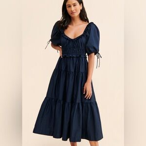 En Saison Poplin Puff-Sleeve Tiered Midi Dress